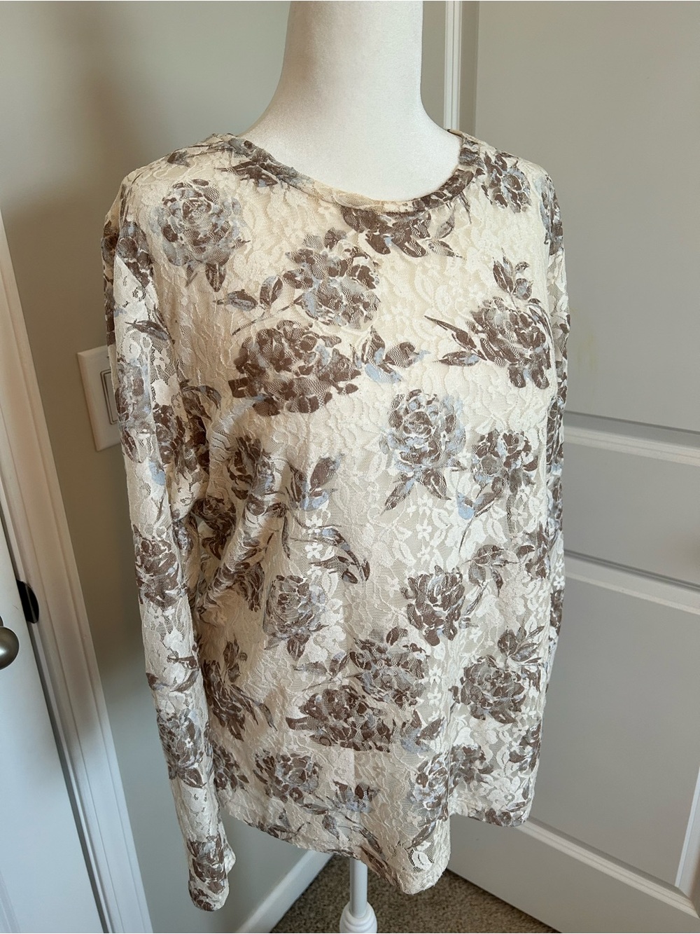 Maurices Lace Floral Sheer Blouse - Cream and Brown